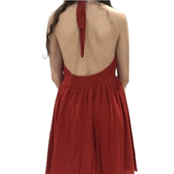 Red Open Back Halter Flowy Lace Rayon Dress - Picture 4 of 6
